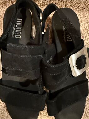 Munro Black Suede Slingback Sandals with Silver Buckle